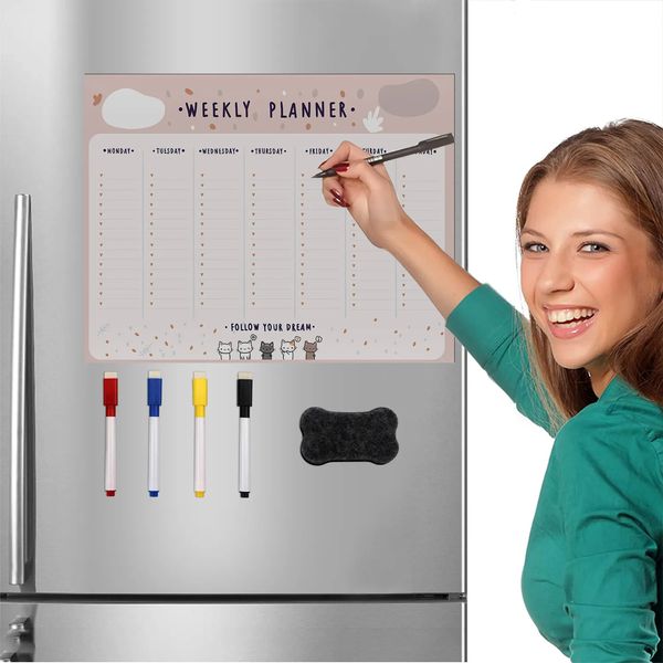 Aimants pour réfrigérateur tableau blanc magnétique autocollant calendrier hebdomadaire tableau facile à effacer message planche à dessin A3 doux réfrigérateur Sticke 231007