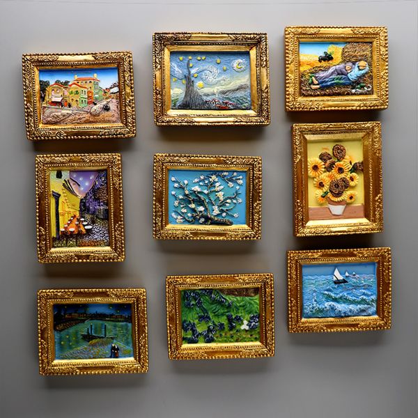 Imanes de nevera Pintura de fama mundial Van Gogh Marco de imagen 3d imanes de nevera cielo estrellado girasol siesta pegatinas de nevera regalos 230711