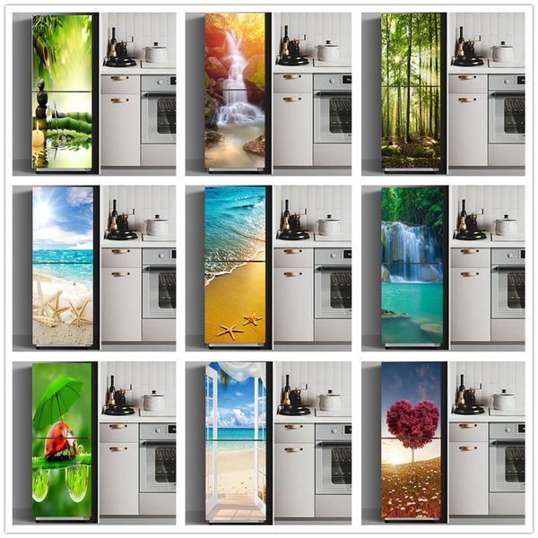 Réfrigérateur Autocollants Réfrigérateur Couverture Porte Paysage Plante Mer Vinyle Auto-Adhésif Cuisine Meubles Décor Wrap Congélateur Autocollant DIY 220716