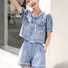 Gefrituurde straat denim shorts set casual jean blouse met korte mouwen los tweedelig zomertrend dunne modepakken 240426