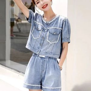 Fried Street Denim Shorts Femmes Femmes Casual Short Sleeve Jean Blouse Loose Two Piece Set Trend Mink Fashion Costumes 240412