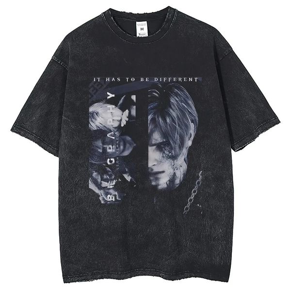 Game Friend Leon S Kennedy Imprimé Shirt Shirt à manches courtes 2024 Harajuku Summer Vintage Wash 250g Cotton Mens Loose Tees 240424