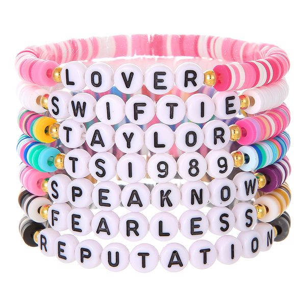 Amistad Braceletas bohemias Conjunto de letras negras Taylor Swiftie TS1989 Amante Fearless Gold Strands Strands Music Fans elásticos Regalos de joyería de playa de arcilla suave