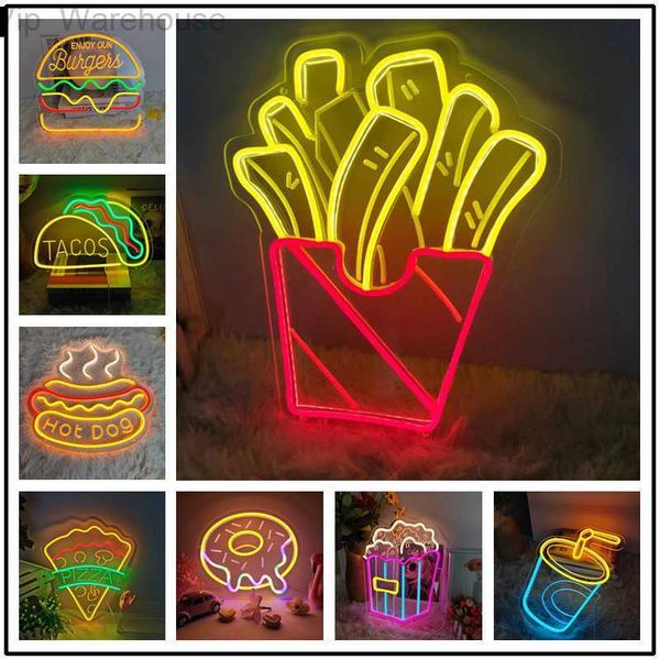 Papas fritas Letrero de neón Hot Dog Hamburguesa Pizza Pastel Donuts LED Lámparas de iluminación de neón USB Fiesta Restaurante Tienda Kawaii Decoración de la habitación HKD230825