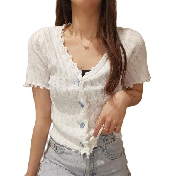 Blusa con volantes y orejas de madera, camiseta corta de manga corta con cuello en V para mujer, ropa de moda coreana y de verano 210520