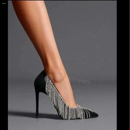 Fringe élégant sexy cristal bling sandales femme chaîne de diamants talons peu profonds talons veet noir robe noble sandale bordée 84b