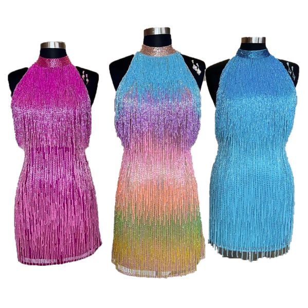 Fringe Homecoming Dress 2023 Perles Bordure Gland Lady Hoco Formelle Cocktail Robe Club Night Gala NYE Prom 8e Grade Semi-Formelle Dos Nu Ombre Multicolore Mini