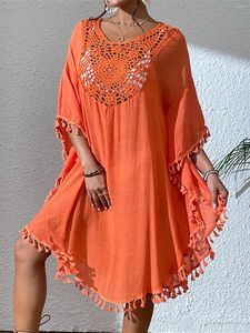 Frange gland broderie demi manches tunique plage cache-up longue robe vêtements de plage femmes K5328