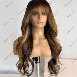 Perruque Lace Front Wig naturelle ondulée à franges, cheveux humains, blond ombré, densité 200, 360 lacets, perruque complète pour femmes, perruques de couleur de Base brune