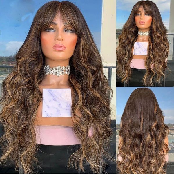 Fringe Wig Silk Base Highlights Blonde Wavy Full Lace Perruques de cheveux humains avec une frange 360 Frontal Remy Ombre Brown 13x6 Lace Front