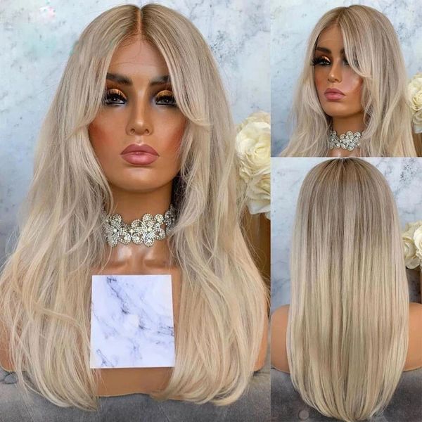 Fringe Wigs Wavy Ombre Highlights Platinum Blonde 13x6 Lace Front Perruques de Cheveux Humains Avec Bangs Pre Pluck Ash GreyTransparent Laces