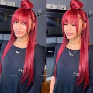 Fringe avec une frange pour les femmes noires simulation rouge perruques de cheveux humains colorés bang 99j bury en dentelle synthétique perruque avant