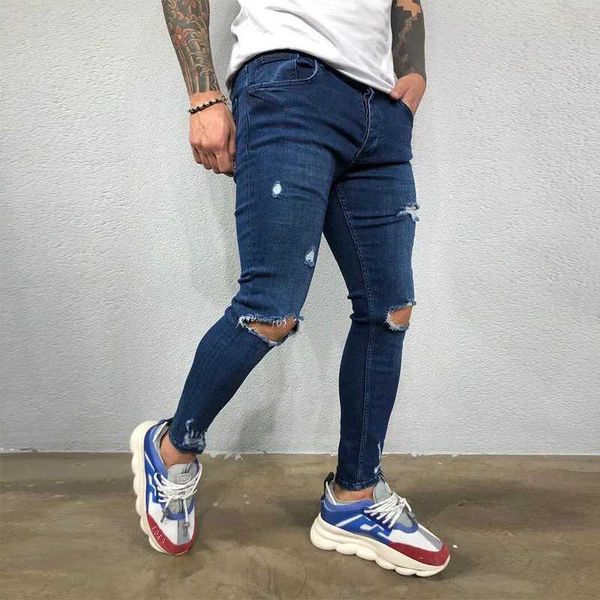 FRJQ Men's Jeans Men Houe Knee Ripped Stretch Skinny Denim Pantalon Couleur Solide Black Blue Autumn Summer Hip-Hop Style Slim Fit Pantmand S-4XL D240417