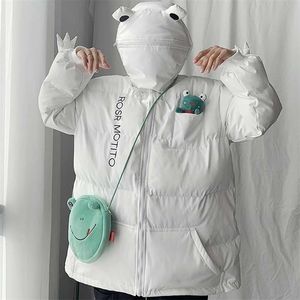 Grenouille Veste pour Hommes Femmes Doudoune Noir À Capuche Zipper Hiver Épais Noir Blanc Vert Dessin Animé Manteau Casual Vêtements 211214