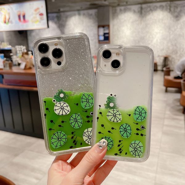 Fundas de arenas movedizas de renacuajo de rana para Iphone 15 14 Plus 13 12 Pro MAX 11 XS XR X 8 7 6 Dibujos animados lindo feliz hoja de loto duro PC TPU líquido Bling Glitter colorido teléfono celular contraportada