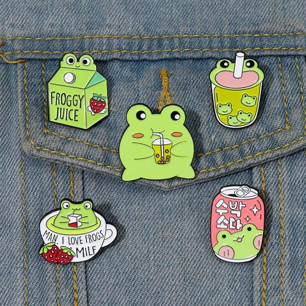 Épingles en émail grenouille personnalisées mignonnes grenouille tasse de tasse de lait de lait peut broches badges de revers cadeau bijoux animal pour enfants amis 1316