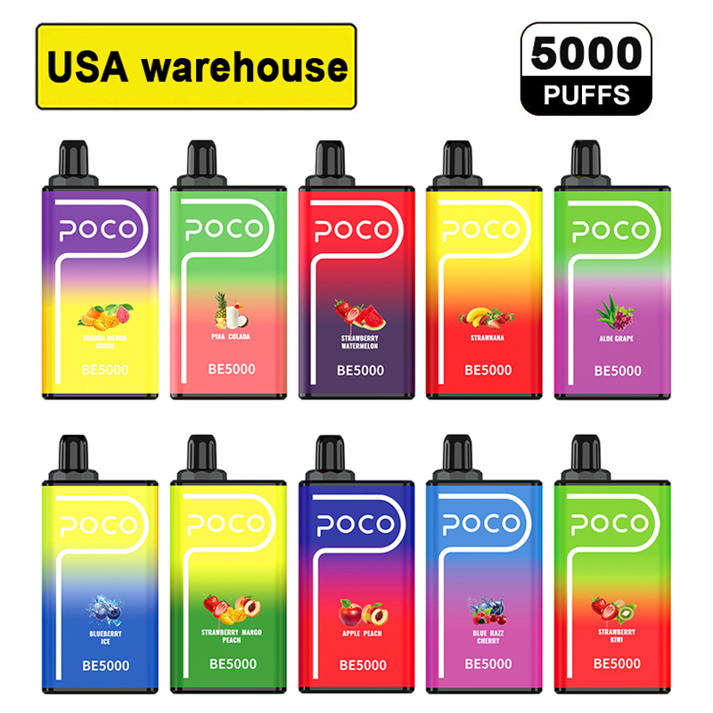 Из США Poco BE5000 Одноразовая ручка Vape Электронная сигаретная сетка Катушка 5000 затяжек Воздушный поток пара Аккумуляторная 14 мл 10 ароматов Устройство Электронные сигареты Испарители Оригинал