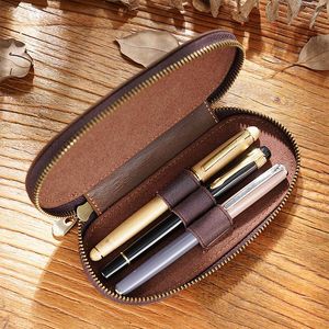 Fromthenon Vintage Crazy Horse Multifunction Pen Case Oval Zipper Portable School Office Stationery Supplies