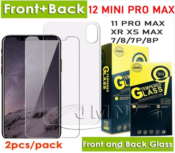 Protector de pantalla de teléfono de vidrio templado delantero y trasero para iPhone 12 Mini 11 Pro Max XR XS X 8 7 Plus 2 PCS Película en un Packag8316409 minorista