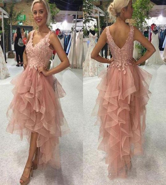 Delantero, corto, largo, espalda, una línea, escote en forma de corazón, vestidos de fiesta altos y bajos, top de encaje de tul con gradas de color rosa claro, vestidos de cóctel de graduación atractivos 1243303