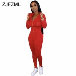 Voorkant Rits Sexy Rompertjes Womens Jumpsuit Zwart Rood Lange Mouw Hooded Fitness Bodysuit Streetwear Hoge Taille Club Party Overall T200509