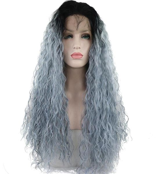 Pelucas frontales Cosplay peluca con malla frontal sintética con pelo de bebé pelo rizado largo azul claro ombré para mujer 4054347