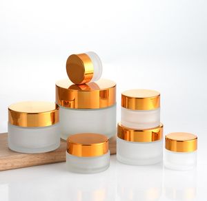 Frost Glass Cream Jar Bottle 10G 20G 30G 1oz lege container Cosmetische potten met zwart gouden deksel LLF