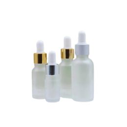 Frostglas druppelaar fles zilver goud deksel witte rubberen top lege cosmetische verpakkingscontainer etherische oliedossige flacons