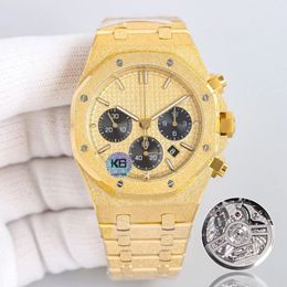 Frost Gold Cronógrafo elaborado a mano Complicaciones de alta calidad para hombres Zafiro Súper luminoso Completamente automático Caja nueva Relojes de lujo pulidos con parte superior de acero inoxidable