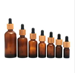 Frosted Amber Dropper Fles 5 ml 10 ml 15 ml 20lm 30 ml 50 ml 100 ml Met bamboe Cap 1 oz Houten Essentiële Olie Flessen