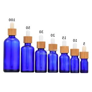 Flacon compte-gouttes en verre bleu givré 5ml 10ml 15ml 30ml 50ml avec couvercle en bambou, bouteilles d'huile essentielle de bambou de 1oz Ittqn