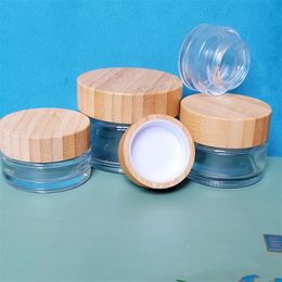 Frascos de cosméticos de vidrio transparente esmerilado Botellas de crema vacías Tamaño de viaje 5 g 15 g 30 g 50 g 100 g Envase cosmético con tapas de bambú natural y cubierta interior de PP