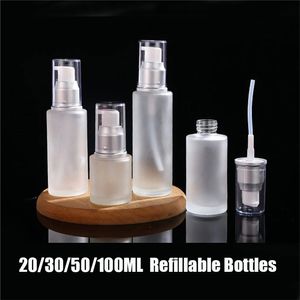 Bouteille en verre givré Emballage de voyage cosmétique Bouteilles de pompe de pulvérisation de brume de lotion rechargeables Pots 20 ml 30 ml 40 ml 50 ml 60 ml 80 ml 100 ml Conteneur de cosmétiques vide