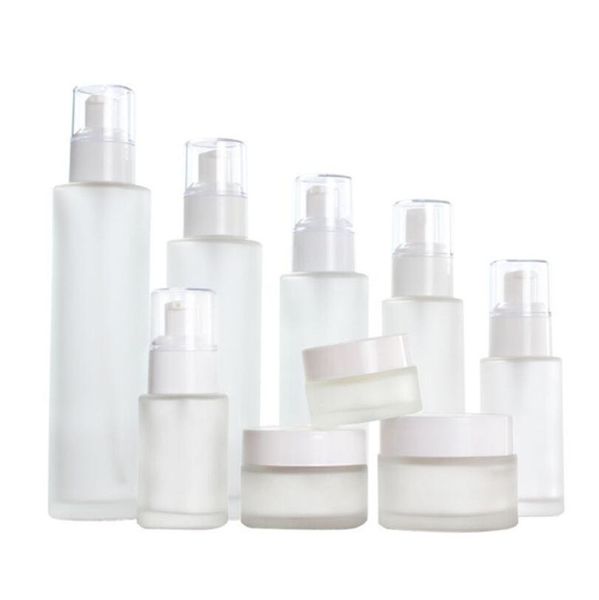 Botella cosmética de vidrio esmerilado Tarro de crema Botellas de spray de loción recargables vacías Contenedores de almacenamiento de muestra de cosméticos Frascos 30ml 40ml 60ml 80ml 100ml