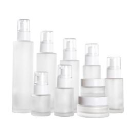 Frosted Glass Cosmetische Fles Gezichtscrème Jar Lege Hervulbare Lotion Spray Pump Flessen Cosmetica Sample Opslag Containers Kruiken 20 ml 30ml 40ml 60ml 80ml 100ml