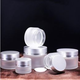 Frosted Glass Cosmetic Cream Bottle Round Jars Fles met binnenste PP -voeringen voor handgezichtsramfles 5 g tot 100 g Bikhb