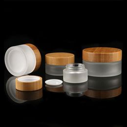 Pots cosmétiques en verre dépoli bouteilles de crème pour les mains/visage/corps taille de voyage 20g 30g 50g 100g avec capuchon en bambou naturel couvercle intérieur en PP Irkue