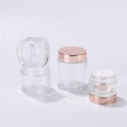 Pot de crème en verre givré, bouteille transparente vide pour lotion de maquillage, récipient à lèvres avec couvercle en or rose, doublure intérieure rechargeable, boîte rose pour crème hydratante