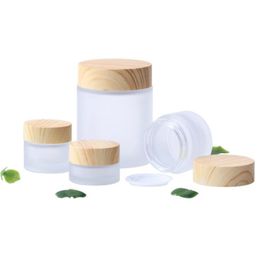 Frosted Glas Cream Jar Hervulbare Fles Cosmetische Container Make-up Lotion Verpakking Flessen met Plastic Houtkorrel Leden 5G 10G 15G 20G 30G 50G