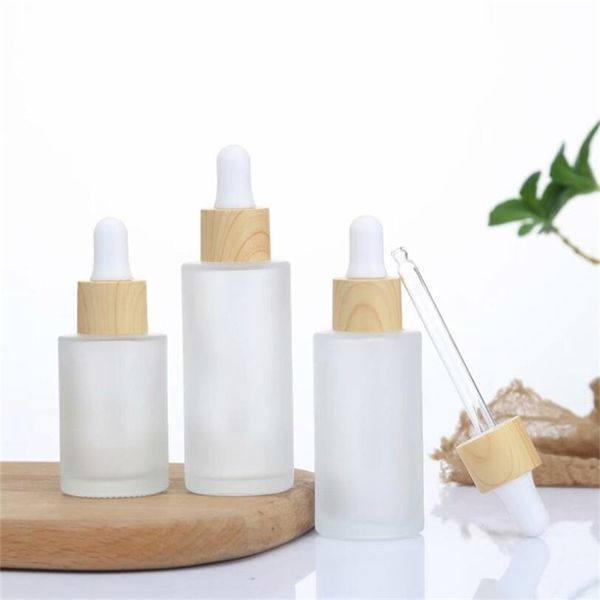 Flacon compte-gouttes en verre givré, bouteilles d'huile essentielle vides, récipient cosmétique avec bouchon en bambou imité 20ml 30ml 40ml 50ml 60ml 80ml 100ml 120ml