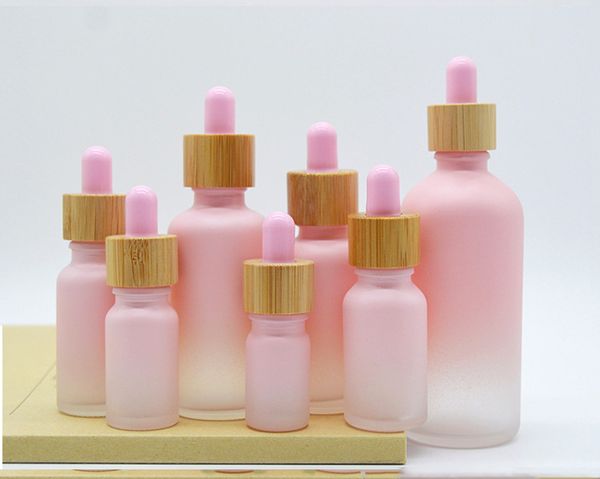 Flacon compte-gouttes en verre dépoli Pipette goutte à goutte couleur rose avec bouchon en bambou 1 oz bouteille d'huile essentielle 5 ml 10 ml 20 ml 30 ml 50 ml 100 ml étui d'emballage