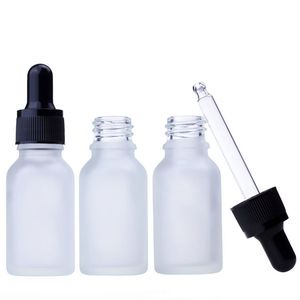 Bouteilles compte-gouttes d'huile essentielle en verre dépoli 15ml Emballage cosmétique 624Pcs / Lot avec bouchons noirs et blancs