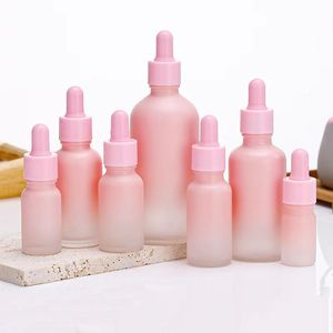 Frosted Glass Eyedropper flessen Gradiënt Pink Essentiële olie Parfum Fles BPA Gratis 5 ml 10 ml 30 ml 50 ml 100 ml