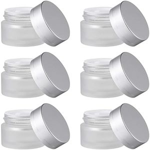 Pot de crème pour le visage en verre dépoli Bouteille cosmétique rechargeable Échantillon de maquillage Récipient vide avec couvercles argentés et doublures intérieures 5g 10g 15g 20g 30g 50g