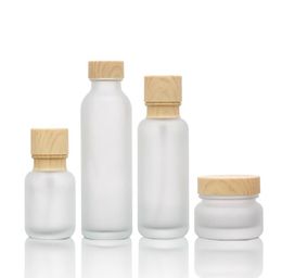 Frosted Glass Jar Cream Flessen Ronde Cosmetische Kruiken Hand Gezicht Lotion Pomp Fles met Hout Grain Cap SN5647