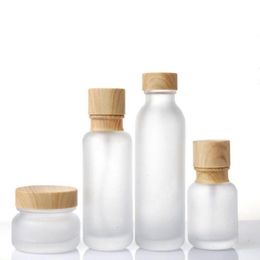 Frosted Glass Jar Cream Bottles Round Cosmetic Jars Hand Face Lotion Pump Bottle with wood grain cap Nrknx