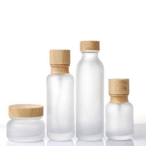 Frosted Glass Jar Cream Bottles Round Cosmetic Jars Hand Face Lotion Pump Bottle with wood grain cap Bvhuq