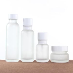 Froosted Glass Jar Lotion Cream flessen Round Cosmetic Jars Hand Face Pump Fles met plastic witte dop SN4612