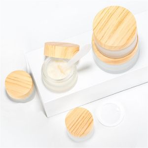 Pot en verre dépoli Soins de la peau Bouteille de crème pour les yeux Récipient cosmétique rechargeable Maquillage Ambre Marron Bouteilles transparentes Pot avec doublures intérieures et couvercle en grain de bois imité