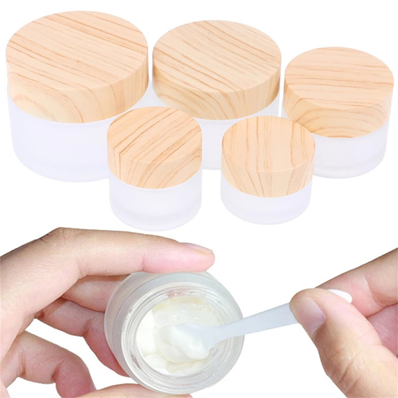 Pot en verre dépoli pour soins de la peau, bouteille de crème pour les yeux, pots rechargeables, récipient cosmétique vide avec couvercles en grains de bois imités 5g 10g 15g 20g 30g 50g